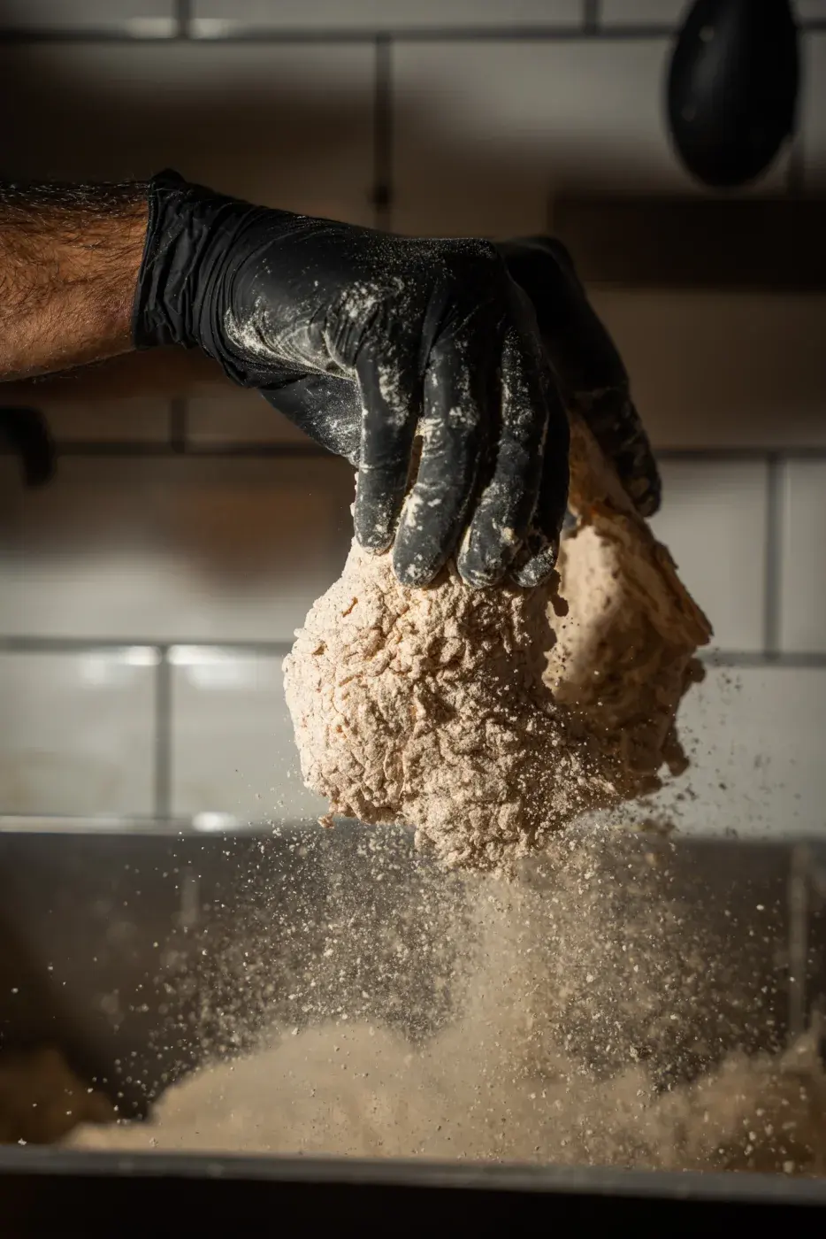 Chicken being coated in seasoned flour
