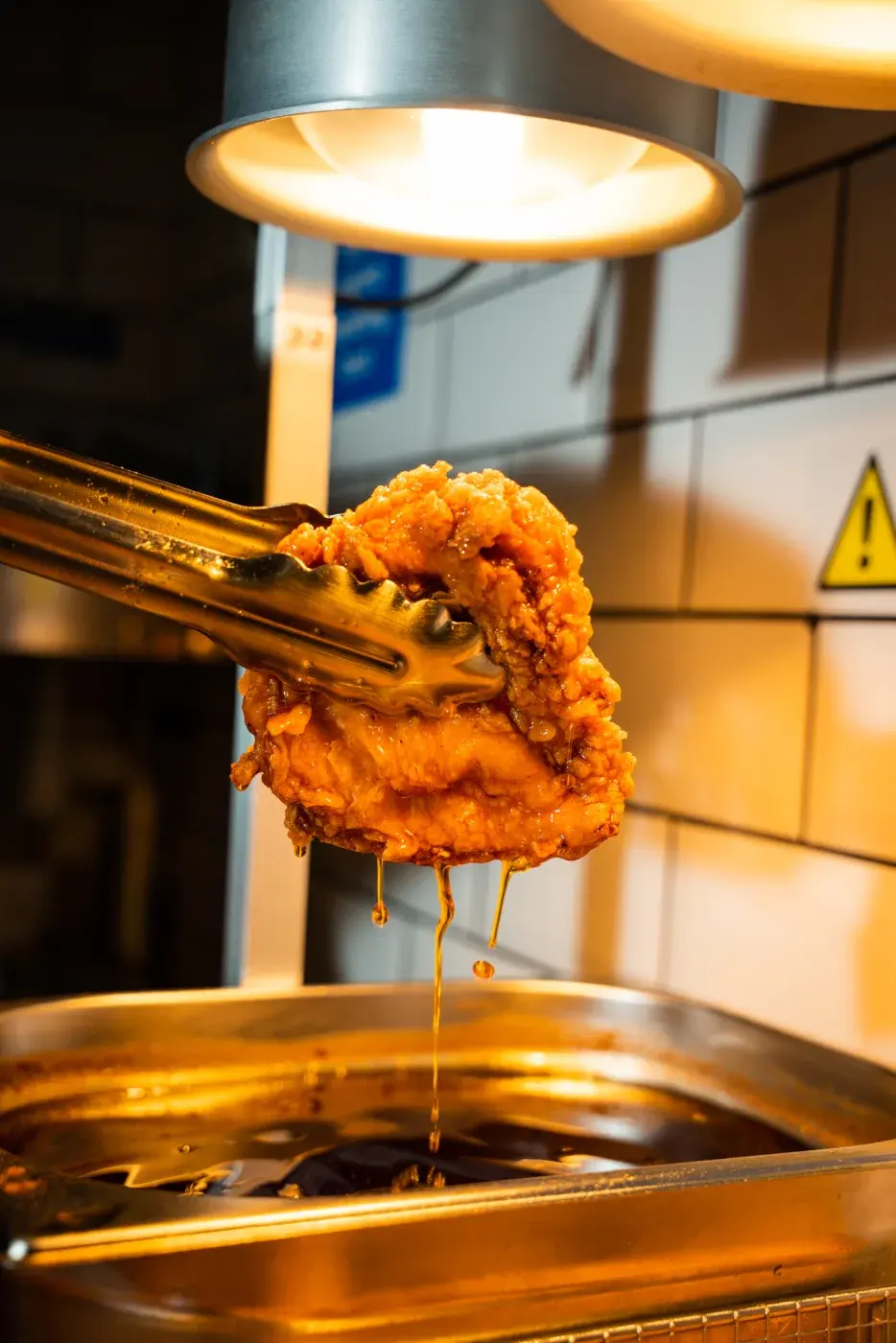 Golden fried chicken dripping under the heat lamp